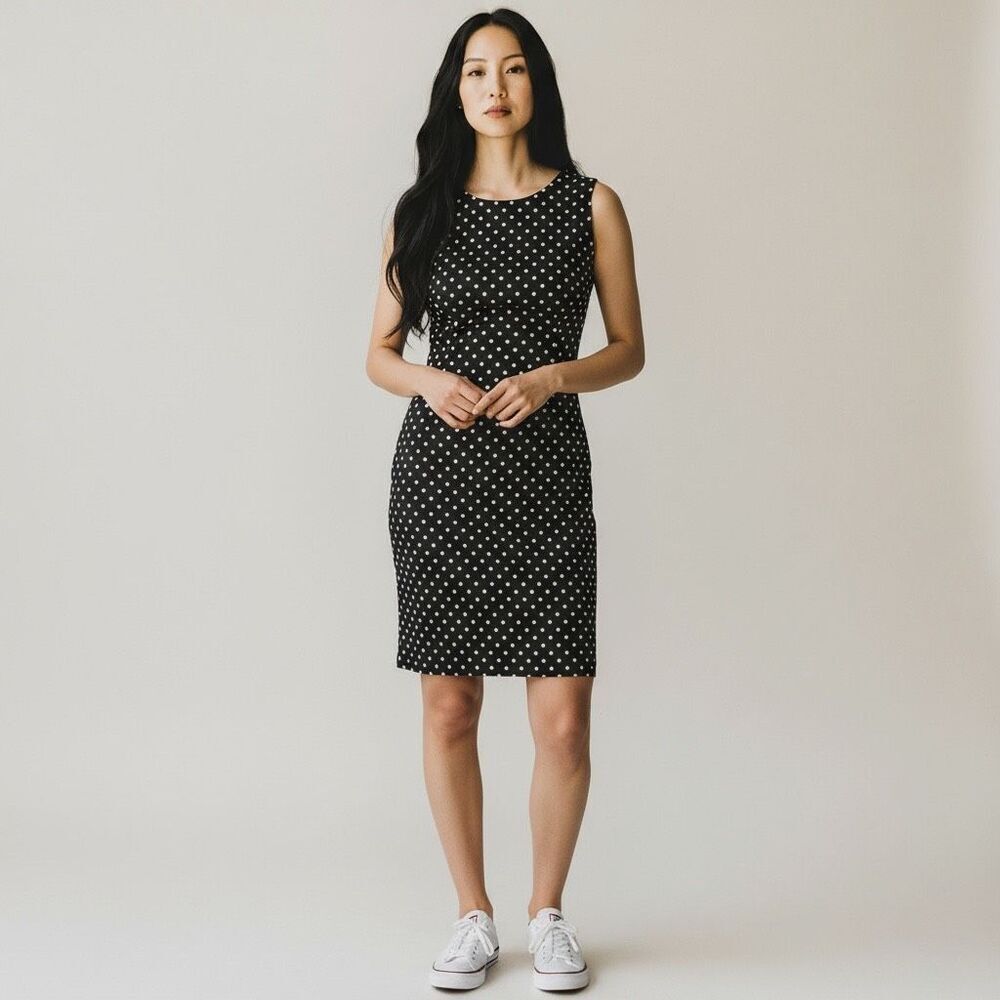 TROVARÈ Black & White Polka dot Sleeveless MIDI Knee Length Round Neck Dress S